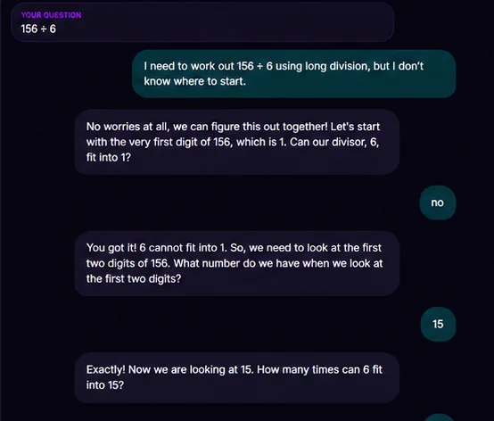 IgnitEd screen: a learner says they are stuck on 156 ÷ 6, and Lumi replies with a guiding question instead of the answer.